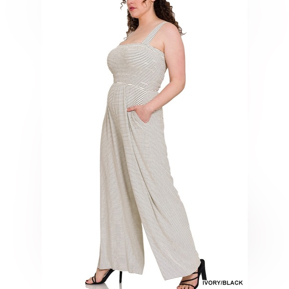NWT! Sale 🍇 PLUS SMOCKED STRIPED WIDE LEGG JUMPSUIT BLACK IVORY STRIPES POCKETS - Picture 1 of 4